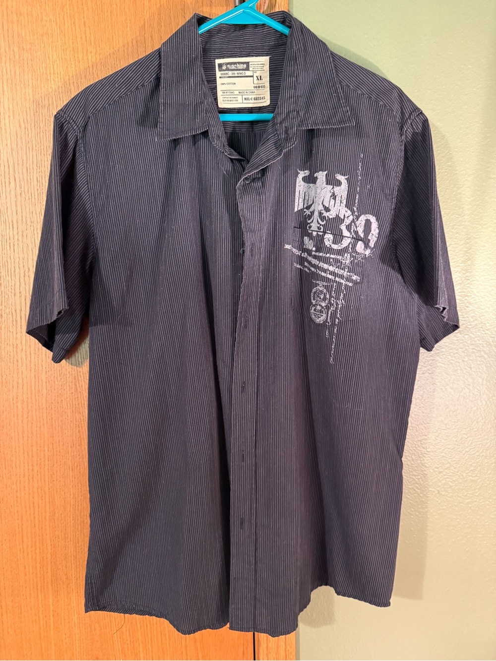 Machine Mens XL Y2K Graphic Button Up Shirt Black Pinstripe